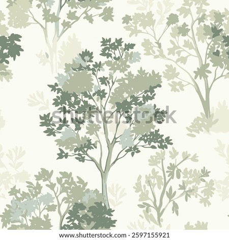 Vector seamless wallpaper of trees. Pastel green colors. Retro pattern.