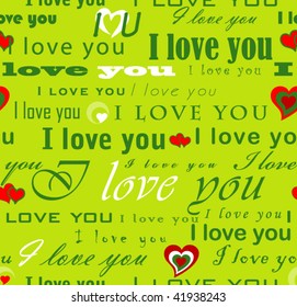 vector seamless wallpaper valentine with hearts and superscription "I love you" - on green christmas background