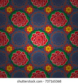 Vector seamless wallpaper of violet, red and green artistic flowers.