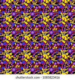 Vector seamless wallpaper of yellow, violet and pink artistic flowers.