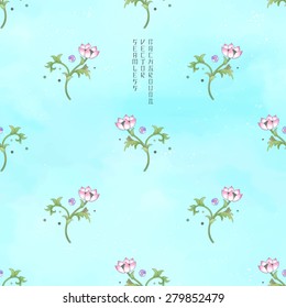 Vector seamless watercolor background. Imitation of chinese porcelain painting. Lotus flowers and leaves are painted by watercolor. 