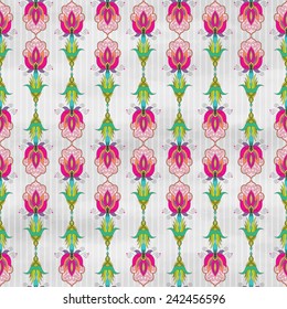 Vector seamless watercolor background  with stripes. Beautiful oriental fantastic flowers. Hand drawing.