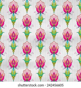 Vector seamless watercolor background with stripes. Beautiful oriental fantastic flower. Hand drawing.