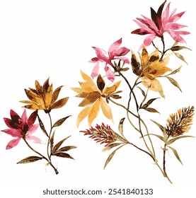 vector seamless watercolor botanical flower branch isolated on white background. abstract hand drawn watercolor flowers. vintage watercolor flower arrangements.design for textiles, interior,wallpaper.