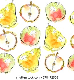 Vector seamless watercolor bright pattern with apples and pears