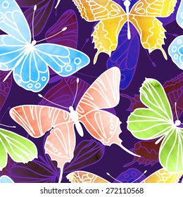 Vector Seamless Watercolor Butterfly Pattern. Butterfly pattern with of colored on purple background. Background for your design web pages, wedding invitations, save the date cards, scrapbook and etc
