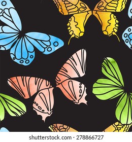 Vector Seamless Watercolor Butterfly Pattern. Butterfly pattern with of colored on black background. Background for your design web pages, wedding invitations, save the date cards, scrapbook and etc