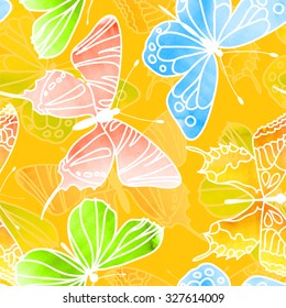 Vector Seamless Watercolor Butterfly Pattern. Butterfly pattern with of colored on yellow background. Background for your design. Vector illustration