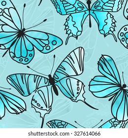 Vector Seamless Watercolor Butterfly Pattern. Butterfly pattern with of colored on mint background. Background for your design web pages, wedding invitations, save the date cards, scrapbook and etc