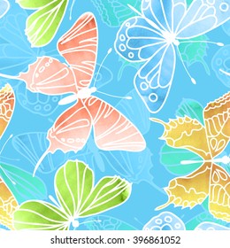 Vektorillustration Nahtlose Aquarellfarben Schmetterlingsmuster. Schmetterlingsmuster mit farbigem Hintergrund. Hintergrund für Ihre Design-Webseiten, Hochzeitseinladungen, speichern Sie die Datumskarten und etc.