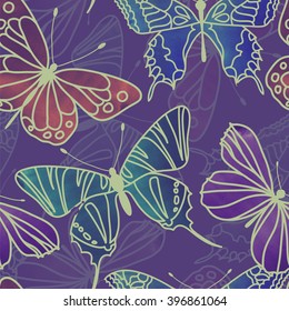 Vector Seamless Watercolor Butterfly Pattern. Butterfly pattern with of colored on purple background. Background for your design web pages, wedding invitations, save the date cards, scrapbook and etc