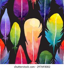 Vector seamless watercolor feather pattern