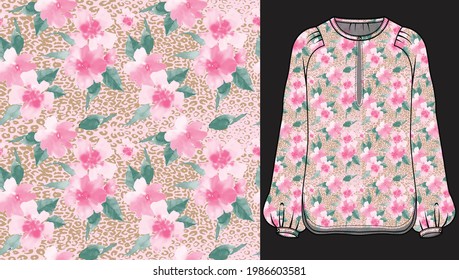 Vector de color de agua sin fisuras fondo de la flor en la maqueta de las mujeres.  Estilo de la libertad. 
fondo floral para moda, fondos de pantalla, impresión. Diseño floral de moda