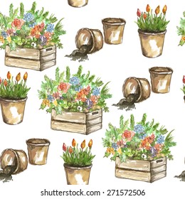 Vector seamless watercolor garden pattern with flowers