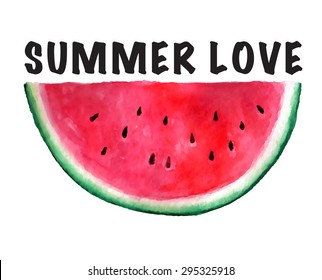 Vector seamless watercolor hand drawn watermelon pattern. Organic food illustration. Summer love text