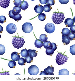 Vector Seamless Watercolor Pattern With  Black Currants, Blackberries And Blueberries