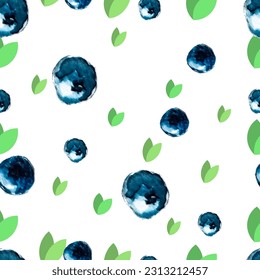 Vector seamless watercolor pattern with blueberries and leafs. Minimalist design for textiles and papers