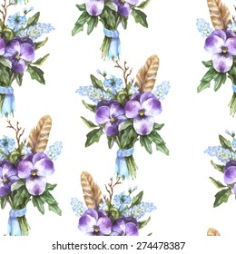 Vector seamless watercolor pattern with bouquet, pansies, feather, branch, blue ribbon