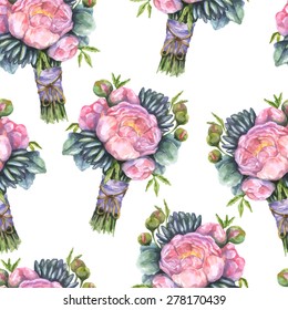 Vector seamless watercolor pattern with bouquet of peonies and succulents. Wedding design