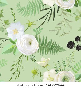 Vector seamless watercolor pattern with bouquets of white flowers, berries, leaves. Summer and spring rustic plant collection background of botanical elements for wedding, cards, banners, posters