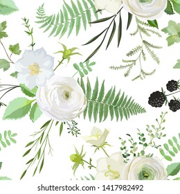 Patrón de acuarela sin fisuras vectorial con ramos de flores blancas, bayas, hojas. Fondo de recolección de plantas rústicas de verano y primavera para bodas, tarjetas, carteles, afiches