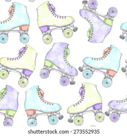 Vector seamless watercolor pattern with colorful retro roller skates