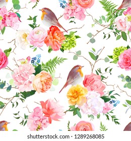 Vector seamless watercolor pattern with cute robin birds and bouquets of peachy and yellow roses, ranunculus, coral carnation, pink and white hydrangea, eucalyptus, greenery. All elements are editable