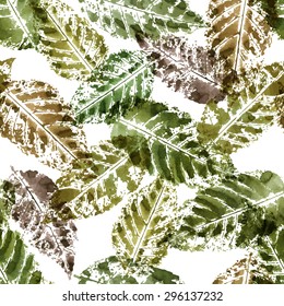 Vector seamless watercolor pattern with dark green imprints of leaves 