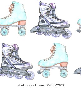 Vector seamless watercolor pattern with different roller skates