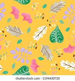 Vector seamless watercolor pattern with fall colorful leaves, flowers and dots on yellow background. Hand drawn floral autumn background Cute floral print with leaves for autumn decor and fall fashion