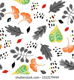 Vector seamless watercolor pattern with fall colorful leaves, flowers and dots on white background. Hand drawn floral autumn background. Cute floral print with leaves for autumn decor and fall fashion