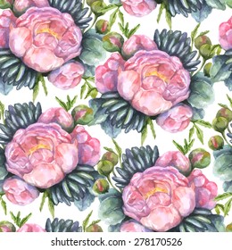 Vector seamless watercolor pattern. Floral background with peonies, succulents and buds