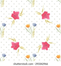 Vector the Seamless Watercolor Pattern of Flowers. Floral pattern with of red, yellow and blue color on white background. Backdrop for your wedding invitations, save the date cards, scrapbook and etc