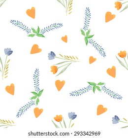 Vector the Seamless Watercolor Pattern of Flowers. Pattern with of yellow heart, Floral yellow and blue color on white background. Backdrop for your design invitations, save the date cards, scrapbook