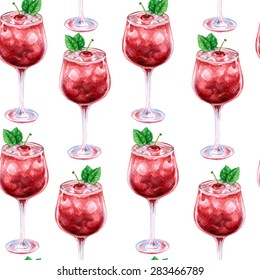 Vector seamless watercolor pattern with fresh cherry cocktail in wineglass