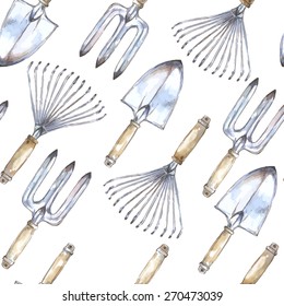 Vector seamless watercolor pattern with garden tools - shovel, fork, rake