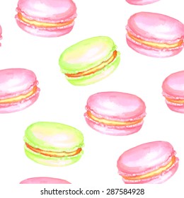 Vector seamless watercolor pattern with green and pink macaroons