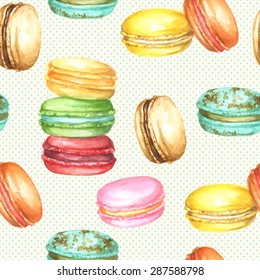 Vector seamless watercolor pattern with green, yellow, orange, red, blue, pink macaroons