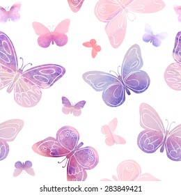 Vector seamless watercolor pattern - hand painted butterflies