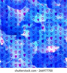 Vector seamless watercolor pattern with hearts. Blue background. Can use for gift wrapping paper, scrapbook, textiles, baby announcement, Valentine's Day, Mother's Day, Easter, wedding. Maroon color