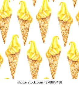 Vector seamless watercolor pattern with ice cream in waffle cones; bright sweet summer yellow ice cream background