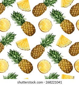 Vector seamless watercolor pattern with pineapples. 