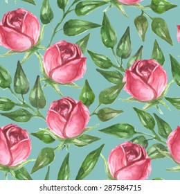 Vector seamless watercolor pattern with pink roses and green leaves on turquoise background