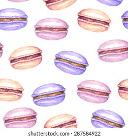 Vector seamless watercolor pattern with pink, orange and violet macaroons