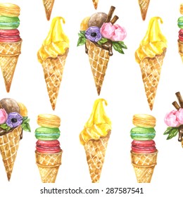 Vector seamless watercolor pattern with red, green, yellow macaroons in waffle cones, ice cream and anemone and peonies flowers