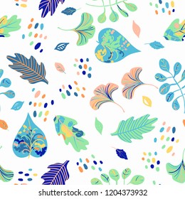 Vector seamless watercolor pattern with spring colorful leaves, flowers and dots on white background. Hand drawn floral summer background. Cute floral print with leaves for spring and summer fashion