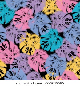 Vector seamless watercolor pattern with tropical leaves and watermelons. Monstera Leaves and Bird of Paradise Flowers. Seamless vector pattern background.