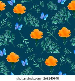vector seamless watercolor plants and flowers background