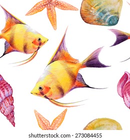 Vector seamless watercolor tropical fish pattern