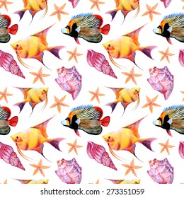 Vector seamless watercolor tropical fish pattern